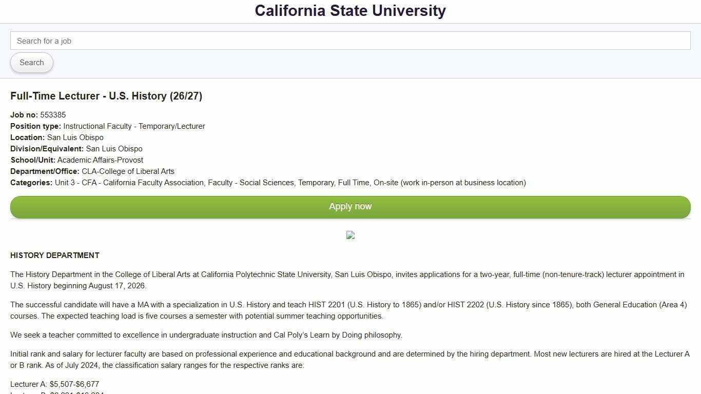California State University - Full-Time Lecturer - U.S. History (26/27)