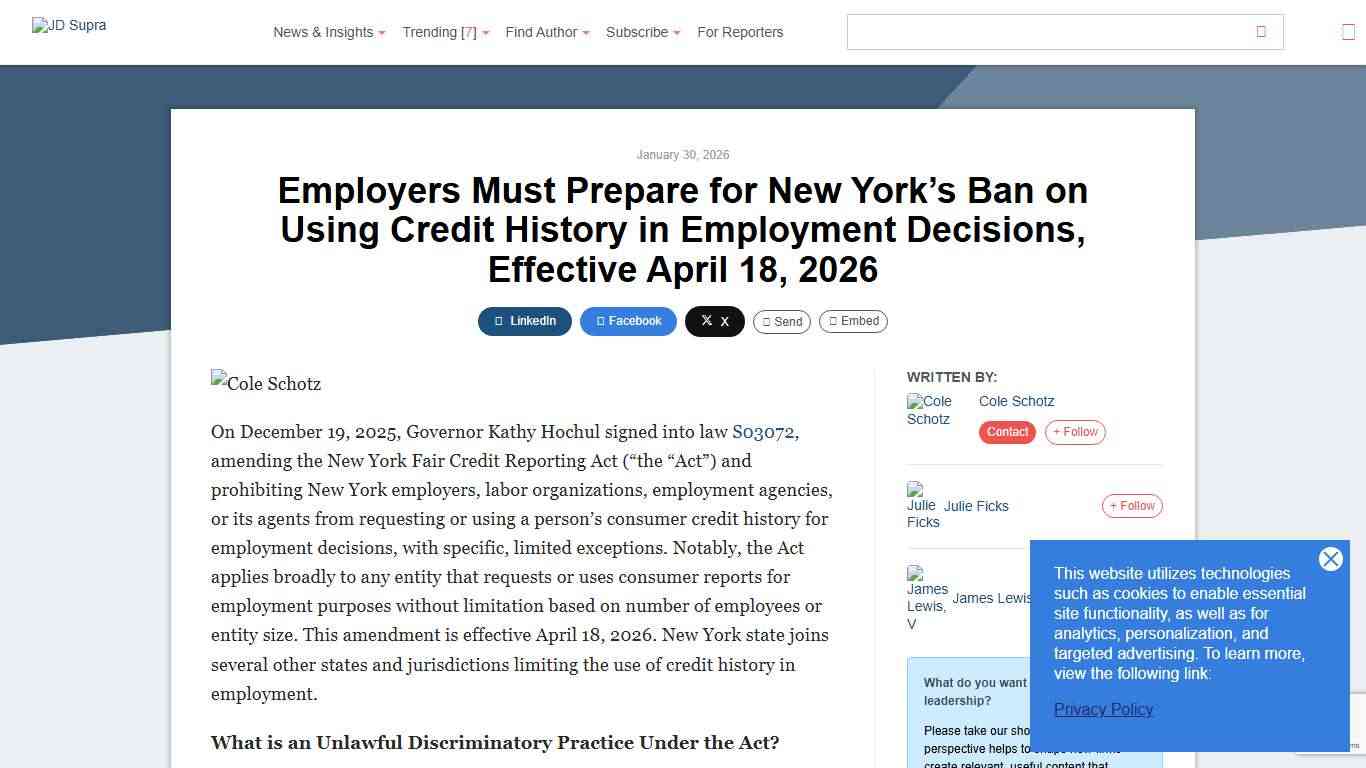 Employers Must Prepare for New York’s Ban on Using Credit History in Employment Decisions, Effective April 18, 2026 Cole Schotz - JDSupra